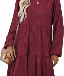 Burgundy Casual Long Sleeve Dress WD6
