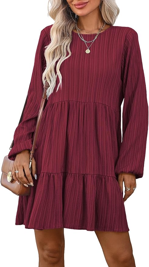 Burgundy Casual Long Sleeve Dress WD6