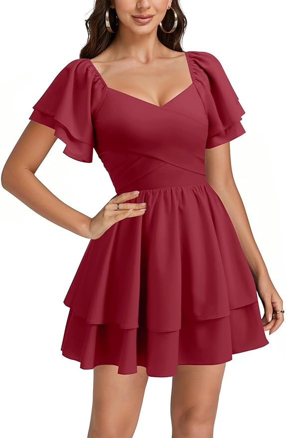 Fashion Red Wrap V Neck Dress WD26