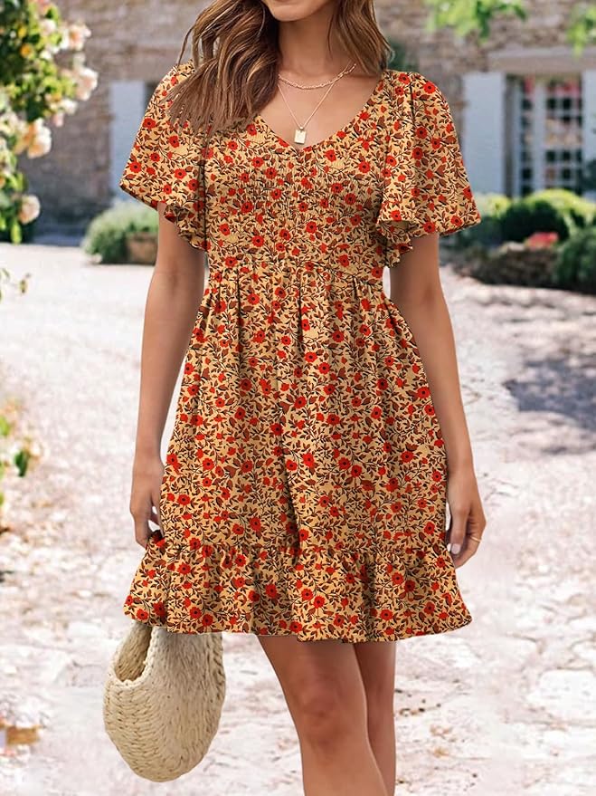 Floral Smocked V Neck Mini Dress WD12 - Image 2