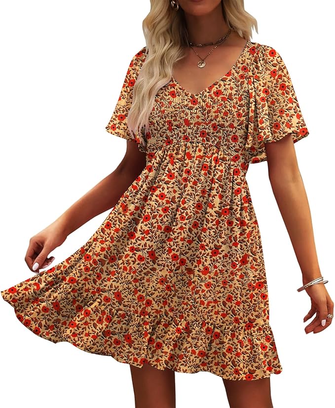 Floral Smocked V Neck Mini Dress WD12