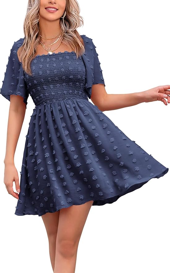 Navy Blue Swiss Dot Flowy Dress WD13