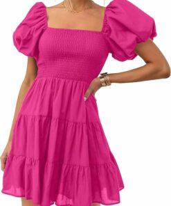 Pink Square Neck Puff Sleeve Dress WD23