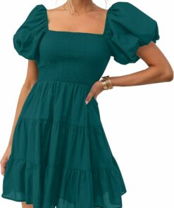 Teal Square Neck Puff Sleeve Dress WD22