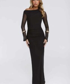 Effortlessly Influential Off Shoulder Mesh Long Sleeve Maxi Dress Black WD55