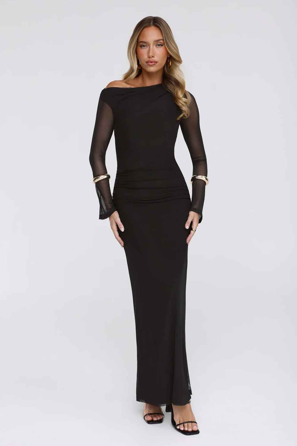 Effortlessly Influential Off Shoulder Mesh Long Sleeve Maxi Dress Black WD55