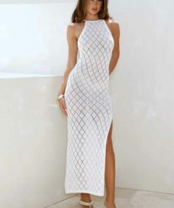 Sandcastle Knit Halter Maxi Dress White WD56