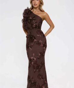 Fleur Flair One Shoulder Maxi Dress Chocolate WD57