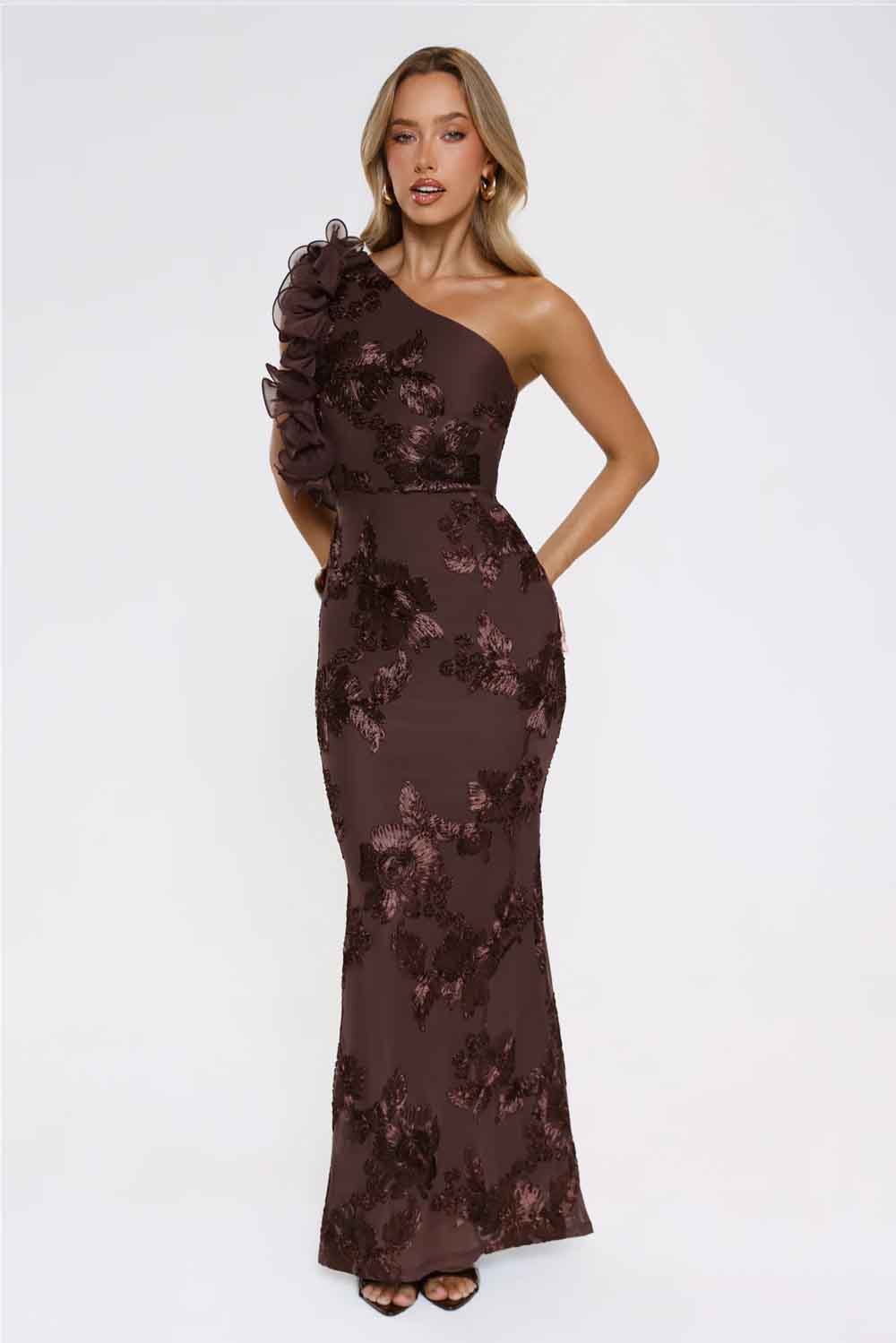 Fleur Flair One Shoulder Maxi Dress Chocolate WD57